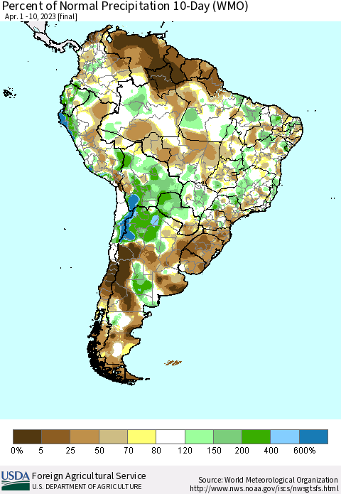 South America Percent of Normal Precipitation 10-Day (WMO) Thematic Map For 4/1/2023 - 4/10/2023