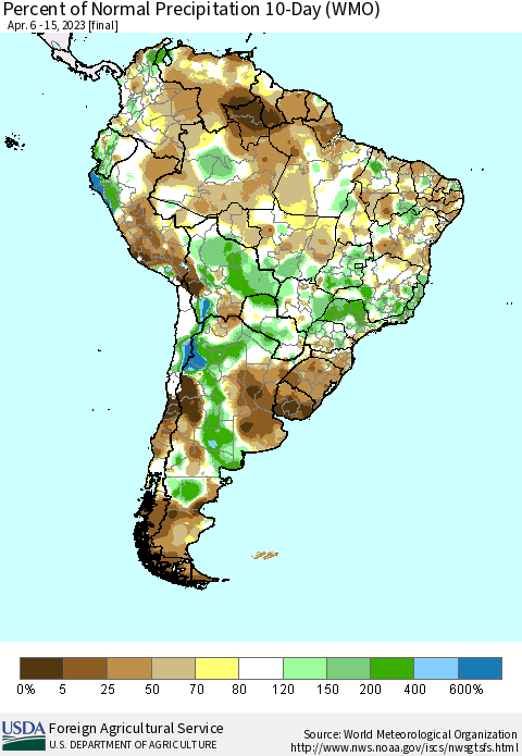 South America Percent of Normal Precipitation 10-Day (WMO) Thematic Map For 4/6/2023 - 4/15/2023