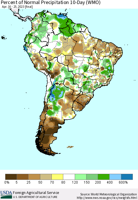 South America Percent of Normal Precipitation 10-Day (WMO) Thematic Map For 4/16/2023 - 4/25/2023