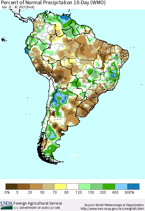 South America Percent of Normal Precipitation 10-Day (WMO) Thematic Map For 4/21/2023 - 4/30/2023