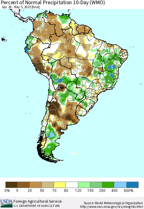 South America Percent of Normal Precipitation 10-Day (WMO) Thematic Map For 4/26/2023 - 5/5/2023