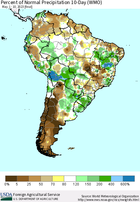 South America Percent of Normal Precipitation 10-Day (WMO) Thematic Map For 5/1/2023 - 5/10/2023