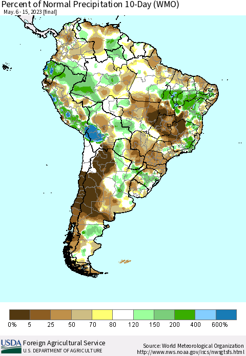 South America Percent of Normal Precipitation 10-Day (WMO) Thematic Map For 5/6/2023 - 5/15/2023