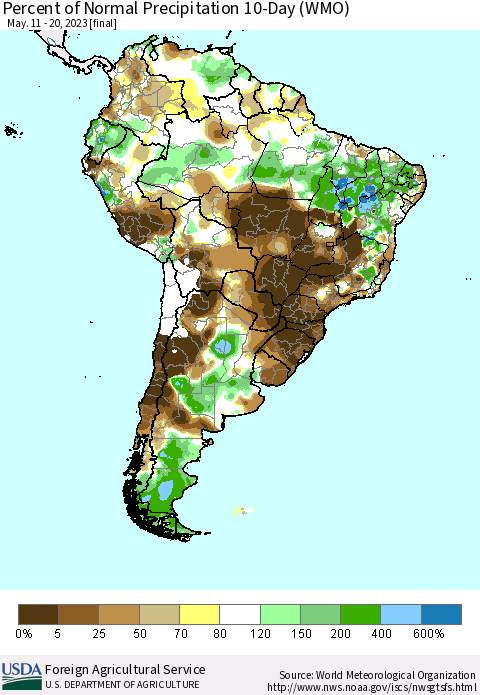 South America Percent of Normal Precipitation 10-Day (WMO) Thematic Map For 5/11/2023 - 5/20/2023
