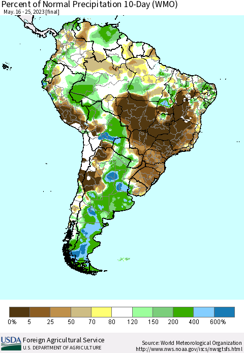 South America Percent of Normal Precipitation 10-Day (WMO) Thematic Map For 5/16/2023 - 5/25/2023