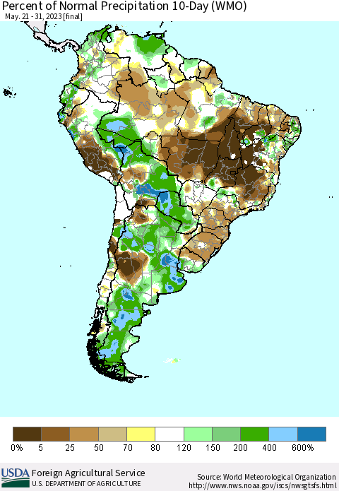 South America Percent of Normal Precipitation 10-Day (WMO) Thematic Map For 5/21/2023 - 5/31/2023