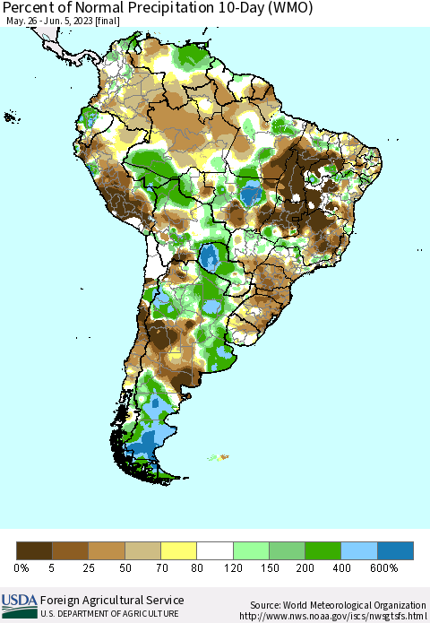 South America Percent of Normal Precipitation 10-Day (WMO) Thematic Map For 5/26/2023 - 6/5/2023