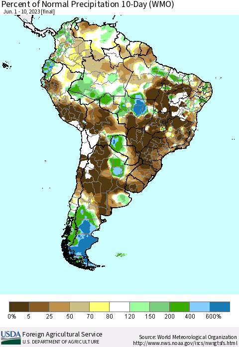 South America Percent of Normal Precipitation 10-Day (WMO) Thematic Map For 6/1/2023 - 6/10/2023