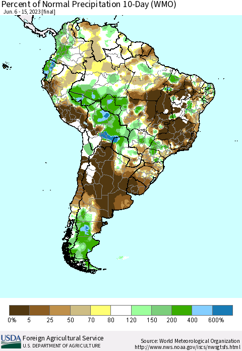 South America Percent of Normal Precipitation 10-Day (WMO) Thematic Map For 6/6/2023 - 6/15/2023