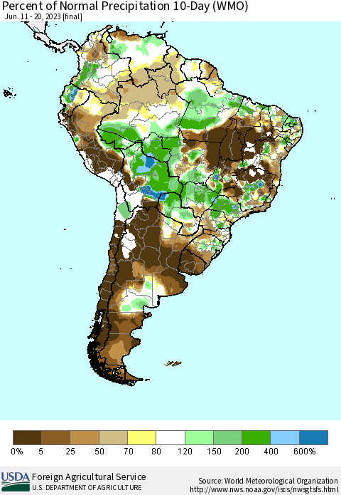 South America Percent of Normal Precipitation 10-Day (WMO) Thematic Map For 6/11/2023 - 6/20/2023