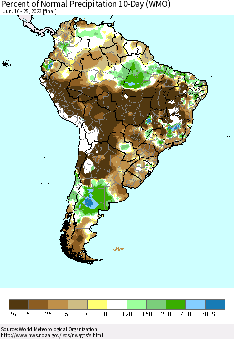 South America Percent of Normal Precipitation 10-Day (WMO) Thematic Map For 6/16/2023 - 6/25/2023
