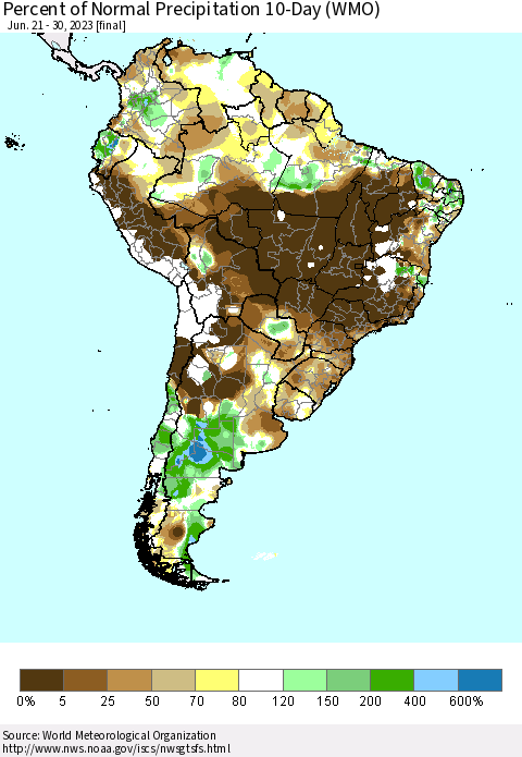 South America Percent of Normal Precipitation 10-Day (WMO) Thematic Map For 6/21/2023 - 6/30/2023