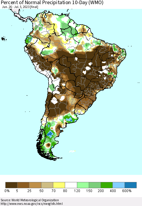 South America Percent of Normal Precipitation 10-Day (WMO) Thematic Map For 6/26/2023 - 7/5/2023