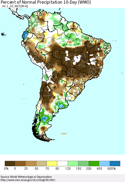 South America Percent of Normal Precipitation 10-Day (WMO) Thematic Map For 7/1/2023 - 7/10/2023