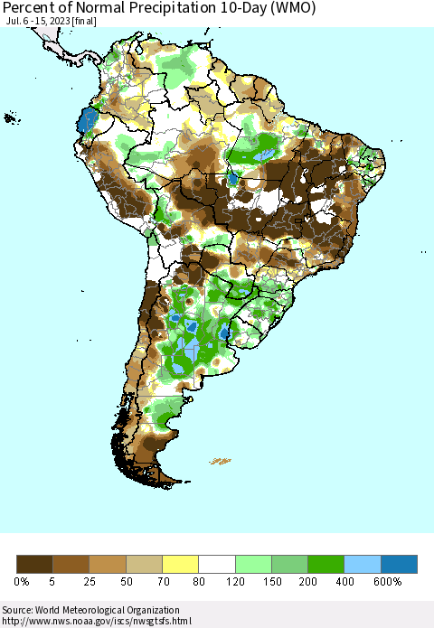 South America Percent of Normal Precipitation 10-Day (WMO) Thematic Map For 7/6/2023 - 7/15/2023