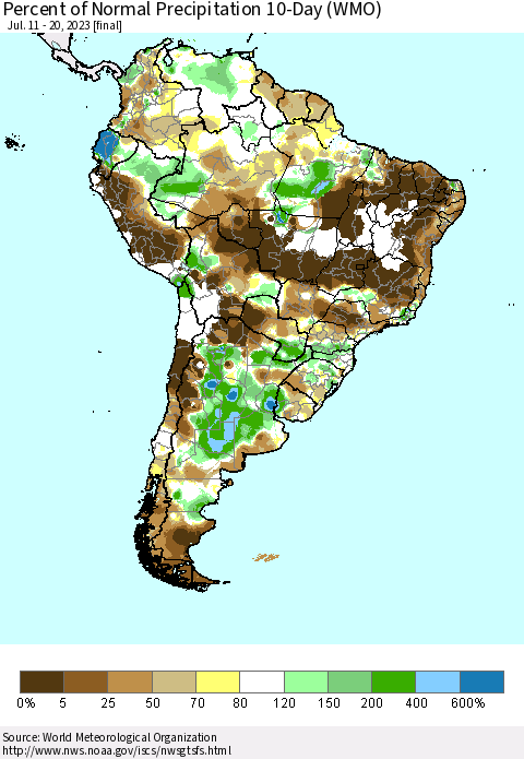 South America Percent of Normal Precipitation 10-Day (WMO) Thematic Map For 7/11/2023 - 7/20/2023