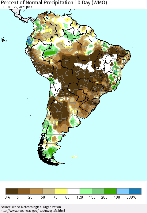 South America Percent of Normal Precipitation 10-Day (WMO) Thematic Map For 7/16/2023 - 7/25/2023