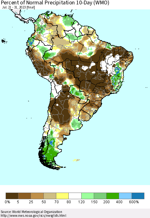 South America Percent of Normal Precipitation 10-Day (WMO) Thematic Map For 7/21/2023 - 7/31/2023
