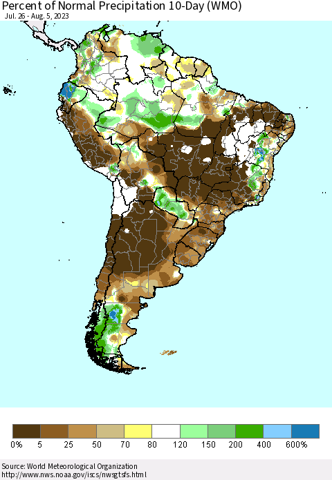South America Percent of Normal Precipitation 10-Day (WMO) Thematic Map For 7/26/2023 - 8/5/2023