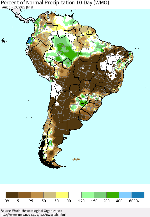 South America Percent of Normal Precipitation 10-Day (WMO) Thematic Map For 8/1/2023 - 8/10/2023