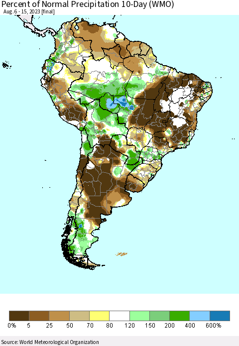 South America Percent of Normal Precipitation 10-Day (WMO) Thematic Map For 8/6/2023 - 8/15/2023