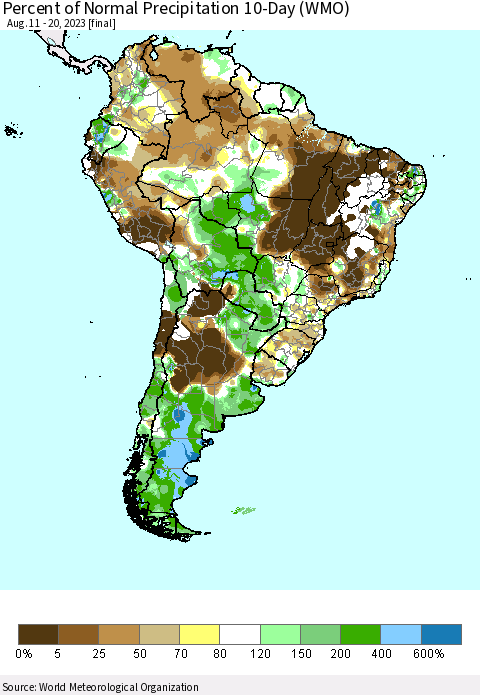 South America Percent of Normal Precipitation 10-Day (WMO) Thematic Map For 8/11/2023 - 8/20/2023