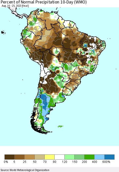 South America Percent of Normal Precipitation 10-Day (WMO) Thematic Map For 8/16/2023 - 8/25/2023