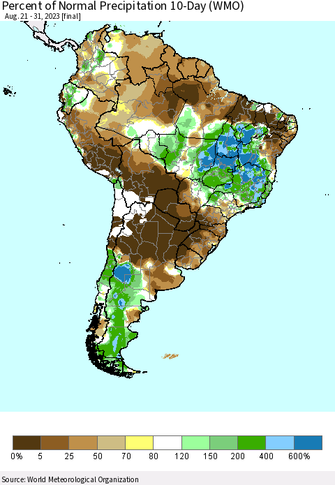 South America Percent of Normal Precipitation 10-Day (WMO) Thematic Map For 8/21/2023 - 8/31/2023