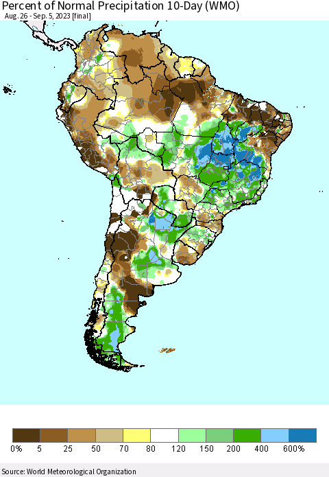 South America Percent of Normal Precipitation 10-Day (WMO) Thematic Map For 8/26/2023 - 9/5/2023