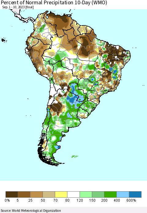 South America Percent of Normal Precipitation 10-Day (WMO) Thematic Map For 9/1/2023 - 9/10/2023