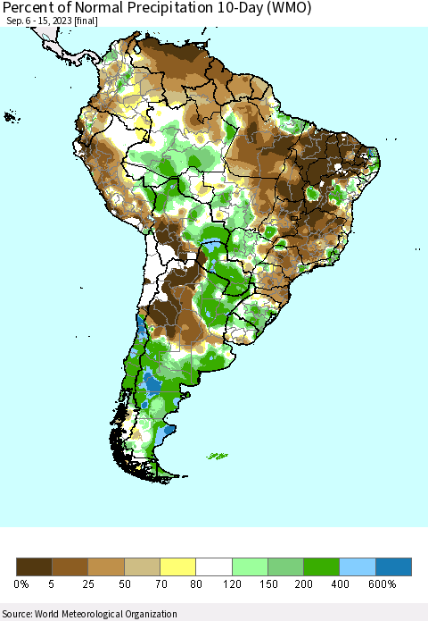 South America Percent of Normal Precipitation 10-Day (WMO) Thematic Map For 9/6/2023 - 9/15/2023