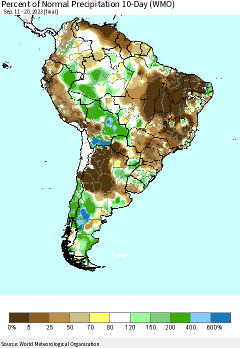 South America Percent of Normal Precipitation 10-Day (WMO) Thematic Map For 9/11/2023 - 9/20/2023