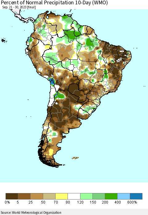 South America Percent of Normal Precipitation 10-Day (WMO) Thematic Map For 9/21/2023 - 9/30/2023