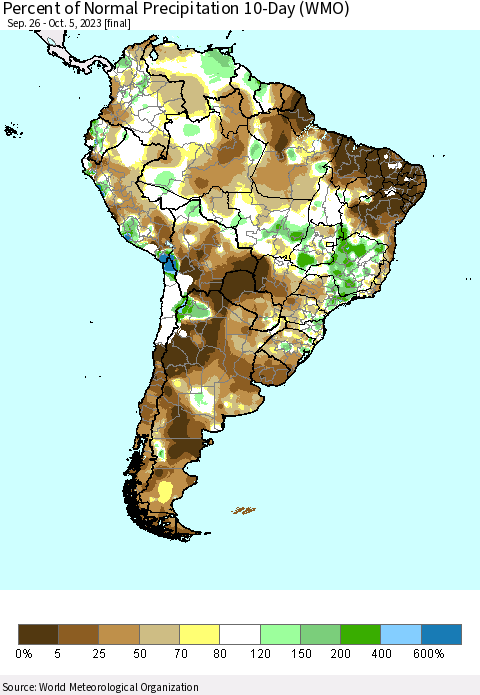South America Percent of Normal Precipitation 10-Day (WMO) Thematic Map For 9/26/2023 - 10/5/2023