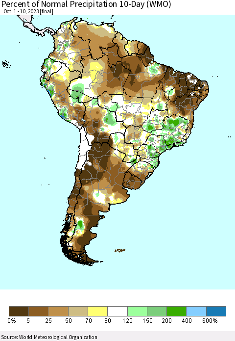 South America Percent of Normal Precipitation 10-Day (WMO) Thematic Map For 10/1/2023 - 10/10/2023