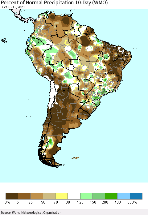 South America Percent of Normal Precipitation 10-Day (WMO) Thematic Map For 10/6/2023 - 10/15/2023