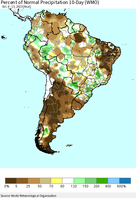 South America Percent of Normal Precipitation 10-Day (WMO) Thematic Map For 10/6/2023 - 10/15/2023