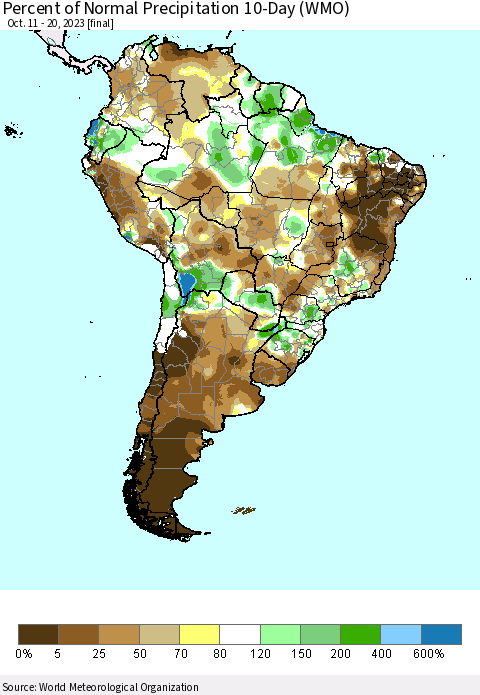 South America Percent of Normal Precipitation 10-Day (WMO) Thematic Map For 10/11/2023 - 10/20/2023