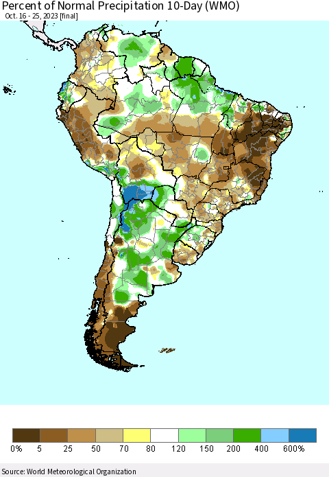 South America Percent of Normal Precipitation 10-Day (WMO) Thematic Map For 10/16/2023 - 10/25/2023