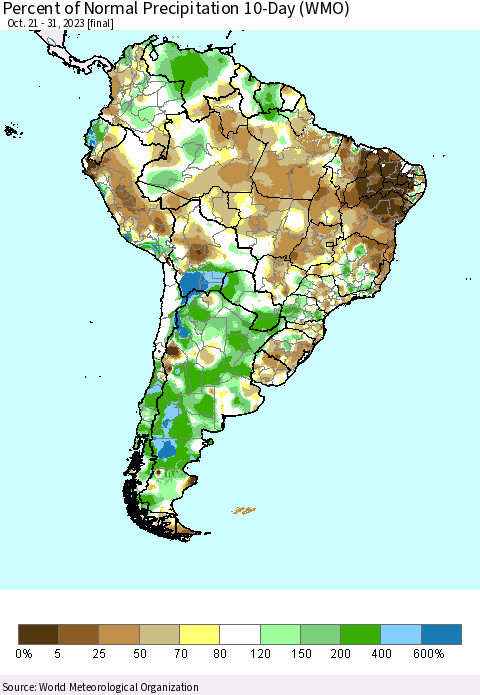 South America Percent of Normal Precipitation 10-Day (WMO) Thematic Map For 10/21/2023 - 10/31/2023