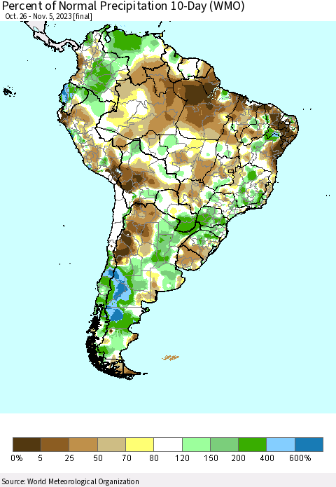 South America Percent of Normal Precipitation 10-Day (WMO) Thematic Map For 10/26/2023 - 11/5/2023