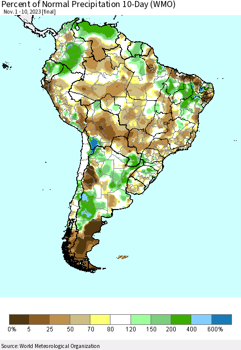 South America Percent of Normal Precipitation 10-Day (WMO) Thematic Map For 11/1/2023 - 11/10/2023