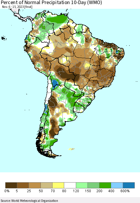 South America Percent of Normal Precipitation 10-Day (WMO) Thematic Map For 11/6/2023 - 11/15/2023