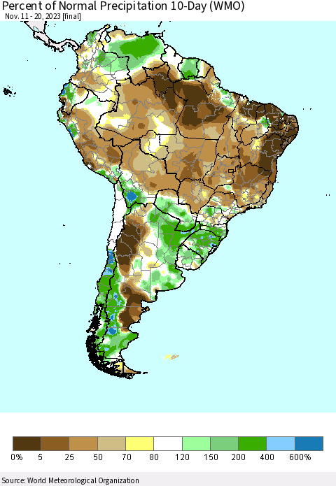 South America Percent of Normal Precipitation 10-Day (WMO) Thematic Map For 11/11/2023 - 11/20/2023