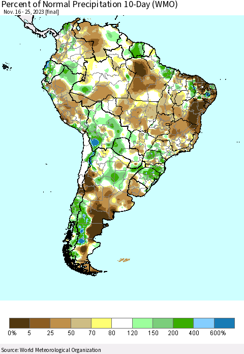 South America Percent of Normal Precipitation 10-Day (WMO) Thematic Map For 11/16/2023 - 11/25/2023