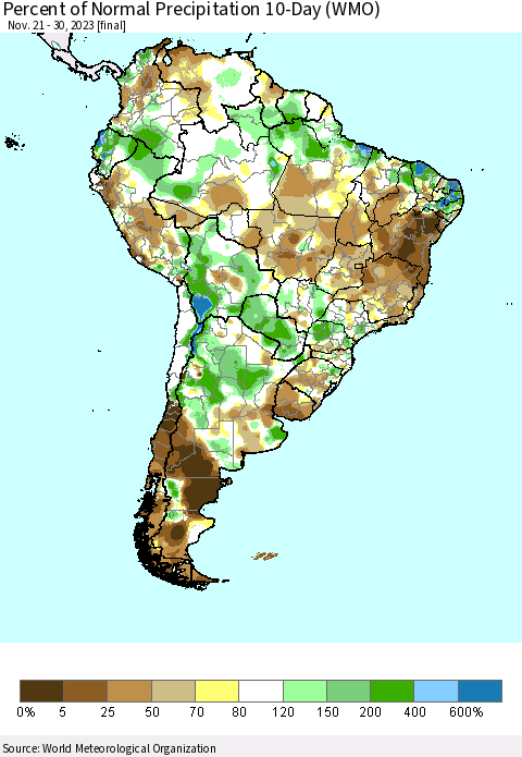 South America Percent of Normal Precipitation 10-Day (WMO) Thematic Map For 11/21/2023 - 11/30/2023