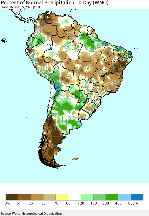 South America Percent of Normal Precipitation 10-Day (WMO) Thematic Map For 11/26/2023 - 12/5/2023
