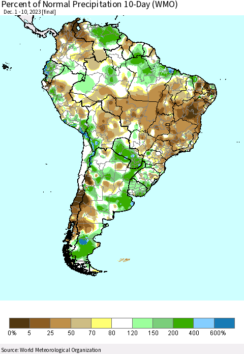 South America Percent of Normal Precipitation 10-Day (WMO) Thematic Map For 12/1/2023 - 12/10/2023
