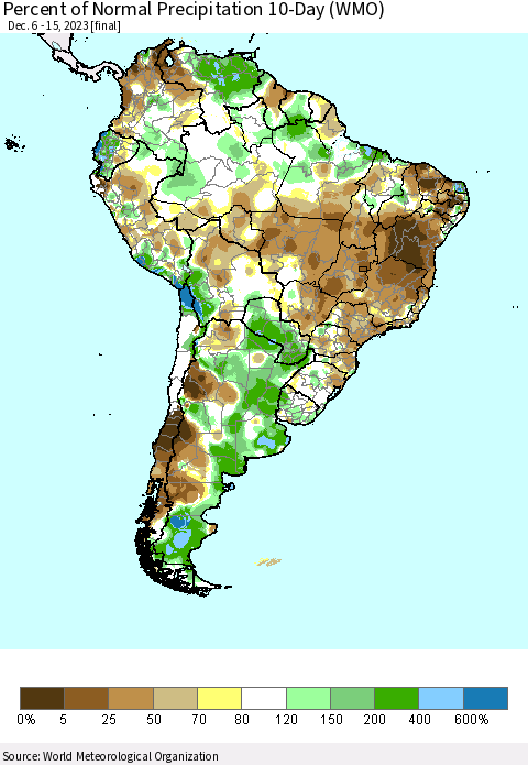 South America Percent of Normal Precipitation 10-Day (WMO) Thematic Map For 12/6/2023 - 12/15/2023