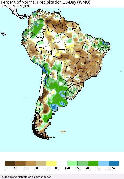 South America Percent of Normal Precipitation 10-Day (WMO) Thematic Map For 12/11/2023 - 12/20/2023